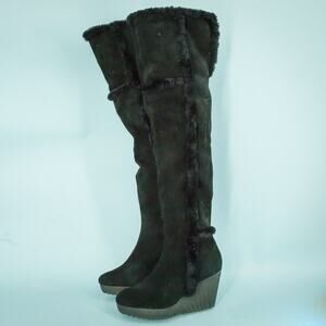 DVF Diane Von Furstenberg Size 9.5 Black Suede Leather Over Knee Shearling Boots